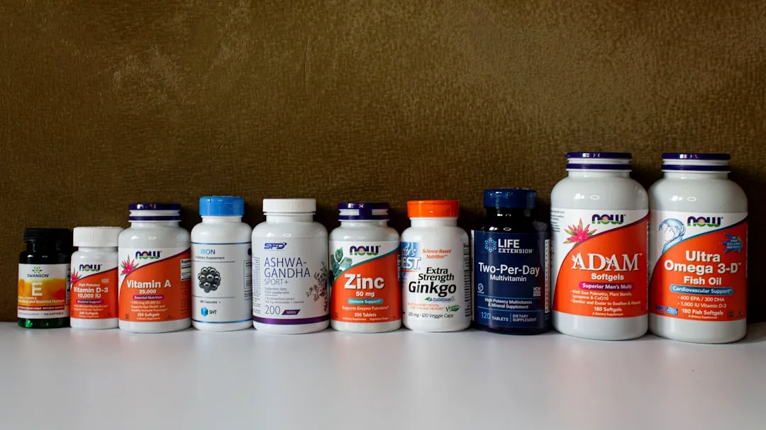 a row of bottles of different types of vitamins