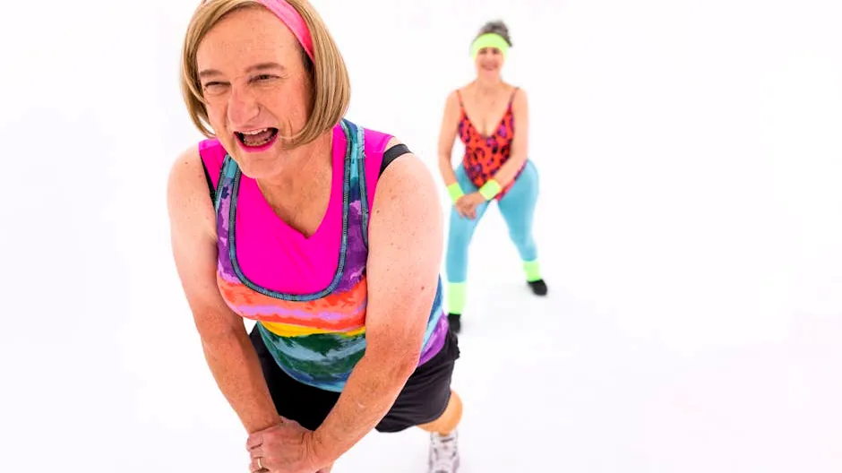 Lively and colorful exercise session showcasing senior women in activewear maintaining fitness and joy.