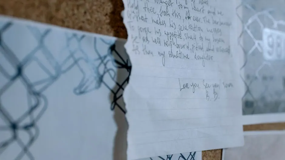 A close-up image of a handwritten letter pinned to a cork board in soft focus.
