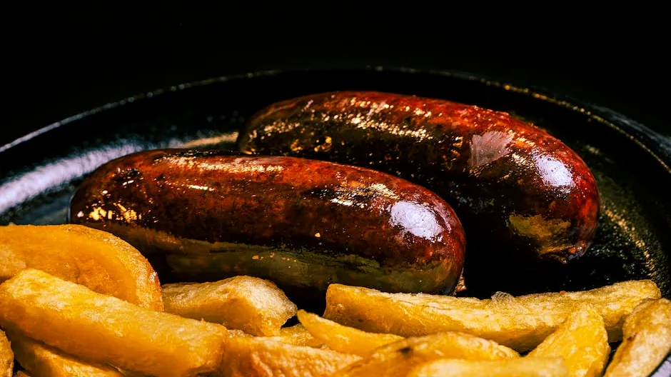 Delicious grilled sausages with crispy fries in black skillet; ideal for hearty meal imagery.