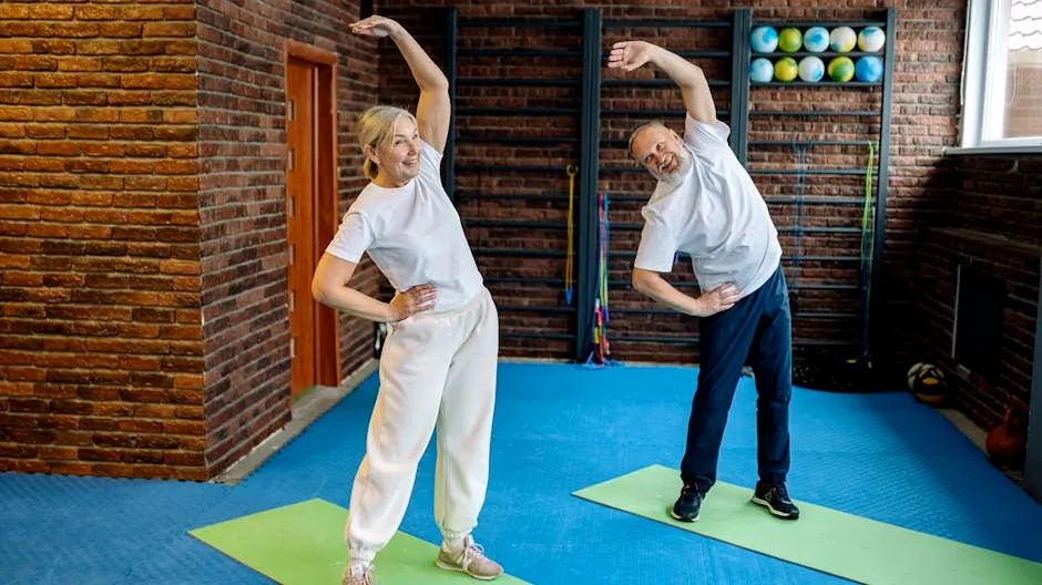 Elderly couple stretching on yoga mats in a home gym, embracing a healthy lifestyle.