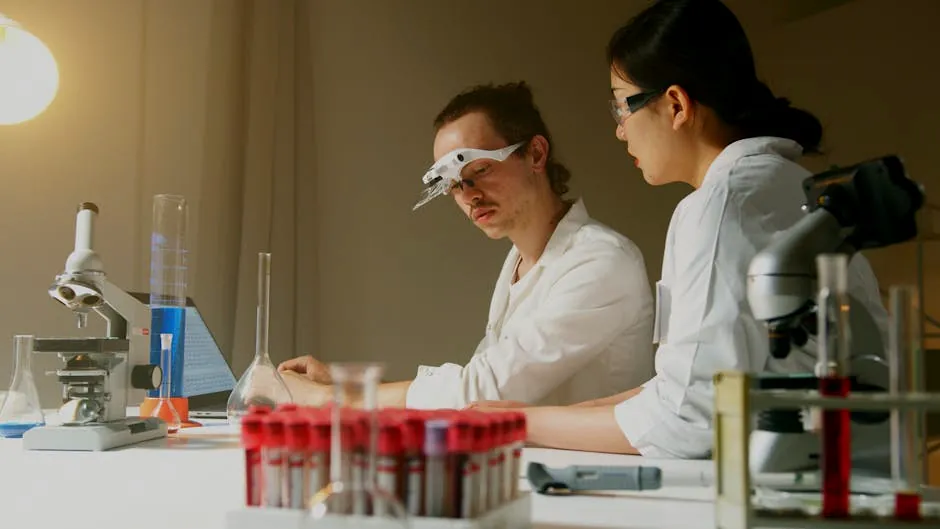 Researchers analyzing samples in a laboratory, surrounded by equipment and test tubes.