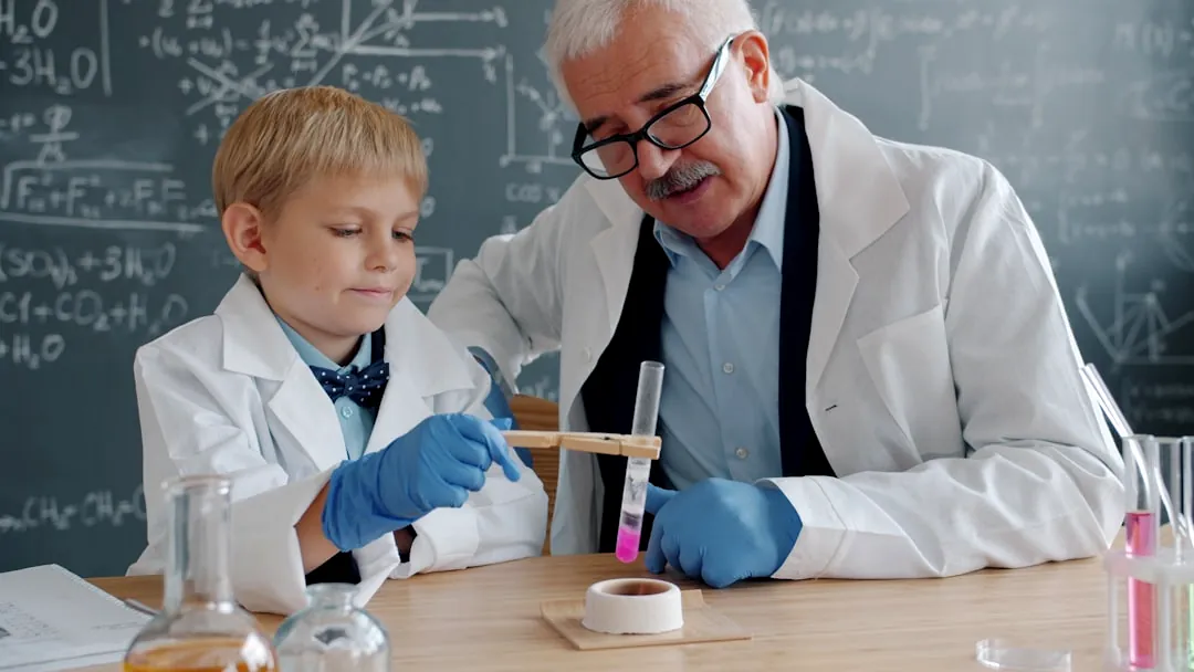 Scientist and child conduct experiment in laboratory.