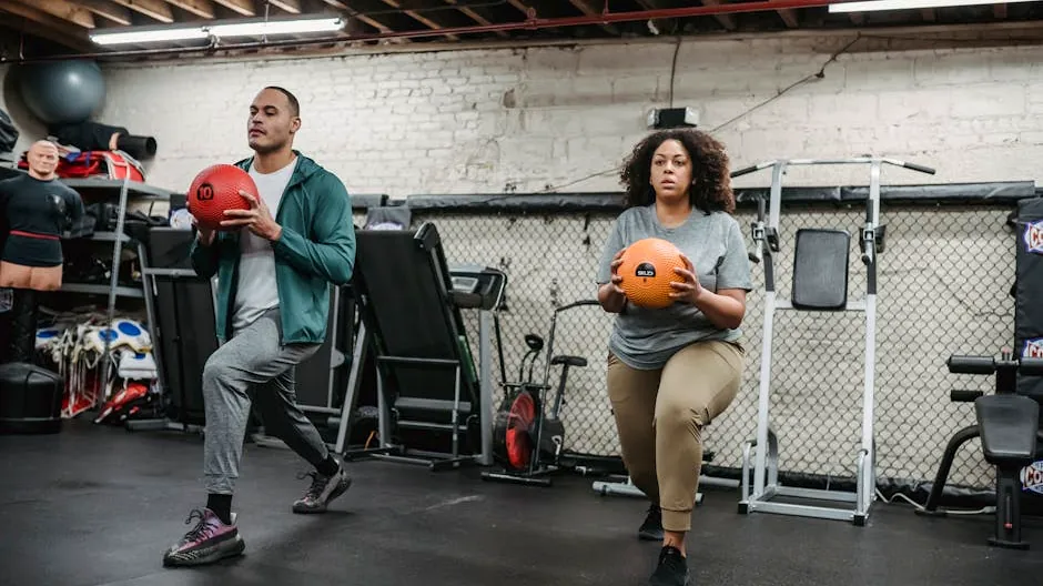 Two people doing lunges with medicine balls in a gym, showcasing focus and fitness.