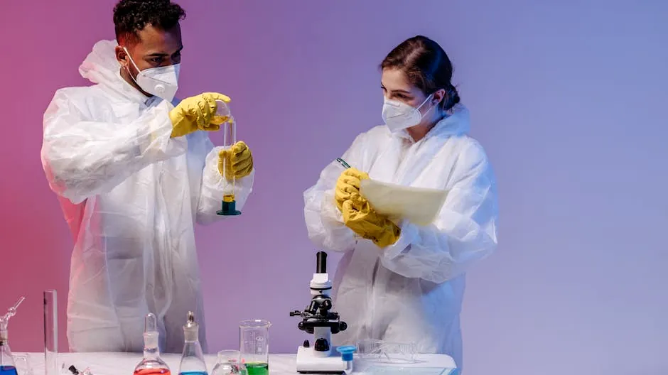 Two scientists in protective gear conducting laboratory experiments with colorful chemicals.
